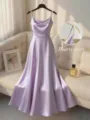 Elegant satin slip evening dress with pearl straps, solid purple party dress for women. - Lavender