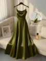 Elegant satin slip dress featuring pearl straps, solid color evening gown for women. - Olive Green