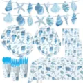 Blaues Muschel Thema Party Set Teller Becher Servietten und Tischdecke Dekoration - Blaue Muschel 9-teiliges Set (Besteck+Banner+Tischdecke+Teller+Becher+Servietten)