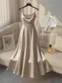 Elegant satin slip dress with pearl beaded straps, flattering waistline for formal evening events. - S / Dresses / Apricot