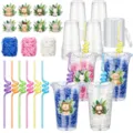 Jungle animal theme plastic party cups with straws and fillers for kids birthday party drinks. - Animal