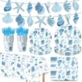Blaue Muschel Party Deko Set Pappteller Becher Tischdecke Banner Sommer Partybedarf - Blaue Muschel 7-teiliges Set (77 Teile)