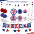 Independence Day party decorations set including paper fans, pom poms, and banners for celebration. - Multi-Component Decoration Set / Five-Piece Set (Banner+Garland+Swirls+Pom Poms+Fans)
