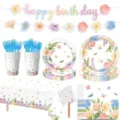 Lente bloem vlinder verjaardag feest servies set papieren borden bekers tafelkleed - 7-Delig Servies Set (Vlinder Bloemen) / 76 Stuks/Verpakking
