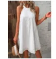 Mujer Verano Blanco Vestido Corto Sin Mangas Cuello Halter Bordado Inglés Playa Casual - XL / Vestidos / Blanco Roto