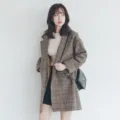 Abrigo de lana a cuadros para mujer, elegante gabardina de invierno gruesa y retro. - M / Tops / Cuadros Café