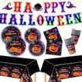 Halloween Party Deko Geschirr Set Kürbis Neon Thema Banner Teller Becher Servietten - 66 Stück/Packung / 6-Teiliges Set (15 Fahnen + 10 Teller 7 Zoll + 10 Teller 9 Zoll + 10 Becher + 20 Servietten + Tischdecke)
