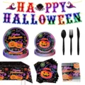 Halloween Party Geschirr Set Neon Kürbis Teller Becher Servietten Tischdecke Grusel Deko - Komplettes Set / 9-Teiliges Set (10 Teller 7 Zoll + 10 Teller 9 Zoll + 10 Becher + 20 Servietten + Tischdecke + Besteck + Strohhalme)