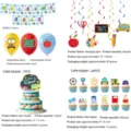 Zurueck in die Schule Party Dekoration Set mit Banner, Luftballons und Kuchenaufsaetzen - 5-Teiliges Deko Set (Banner 15 + Spirale 6 + Großer Topper + Kleiner Topper 24 + Ballon 18) - 64Stk