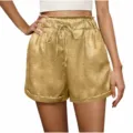 Detailed view of women's metallic gold casual shorts with high elastic drawstring waist. - S / Bottoms / Gold