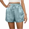 Detailed shot of light blue high-waisted satin casual shorts featuring an elastic drawstring. - S / Bottoms / Light Gray