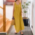 Women's summer casual sleeveless cotton linen long dress solid color loose maxi dress detail view. - S / Dresses / Yellow