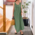 Summer casual linen sleeveless maxi dress, loose fit round neck long dress for women. - S / Dresses / Green