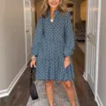 Women long sleeve V-neck geometric print midi dress casual elegant daily wear outfit - S / Dresses / Navy Blue