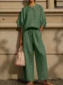 Women linen two piece set lantern sleeve blouse and drawstring long pants casual suit - Green