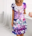 Detailed view of women short sleeve round neck 3D print tiered chiffon dress fashion style - S / Starry Purple