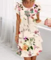 Women short sleeve round neck floral print tiered chiffon dress casual summer midi dress - S / Cream Floral