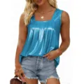 Summer Women Square Neck Pleated Shiny Tank Top Casual Sleeveless Blue Top Main View - S / Tops / Sky Blue