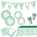 Set Stoviglie Festa Foglia Eucalipto Verde Salvia Ghirlanda Piatti Bicchieri Tovaglia - Set 6 Pezzi Eucalipto