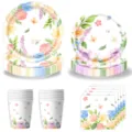 Set feestservies met lente bloemen vlinder bloesem papieren borden bekers servetten - 4-Delig Servies Set (Vlinder Bloemen) / Set van 50