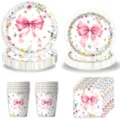 Bloemen strik feest servies set met papieren borden, bekers en servetten voor verjaardag. - Partyservies Set / Vierdelige Set Vijftig Stuks per Pakket