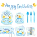 Joli ensemble de fournitures de fête d'anniversaire canard jaune avec assiettes et bannière - Ensemble de 9 Pièces / Assiettes+Gobelets+Serviettes+Nappe+Bannière+Couverts