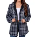 Detail view of the navy plaid fleece-lined hooded jacket showing soft inner lining. - S / Tops / Navy Blue