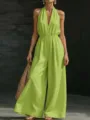 Detailed view of the lime green halter neck v-neck wide leg jumpsuit for women summer chic. - S / Set / Fluorescent Green
