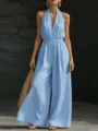 Close-up detail of the elegant light blue halter neck wide leg jumpsuit, stylish and chic. - S / Set / Sky Blue