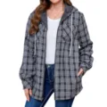 Women grey plaid fleece lined hooded zip up jacket casual long sleeve outerwear detail - Gray