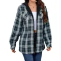 Women's plaid fleece-lined hooded casual long-sleeve shirt jacket, cozy winter outerwear. - Dark Green