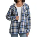 Women's plaid fleece lined hooded long sleeve shirt jacket casual outerwear for winter. - Blue