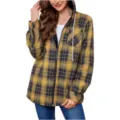 Women's yellow blue plaid fleece lined hooded zip up jacket, detailed view and fit. - Turmeric