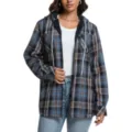 Detail shot of women's fleece lined plaid hooded jacket, casual long sleeve shirt coat. - Dark Blue