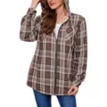 Detailed view of the women's brown plaid sherpa-lined hooded jacket featuring front zip. - Tan
