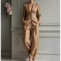 Women casual camel suit set featuring single-breasted blazer and stylish wide-leg trousers. - Coffee