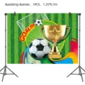 Detail view of football theme backdrop banner featuring goal, soccer ball and golden trophy. - World Cup Backdrop (5819896096731)