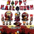 Halloween Party Deko Set mit Banner, Papptellern, Bechern und Tischdecke fuer Gruselfeiern. - Rot Halloween / 7 Zoll 10 STK