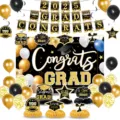 Abschluss Party Deko Set mit Banner Hintergrund Ballons und Tischdekorationen. - Banner / 15 Stück/Packung (Schwarz Gold Abschluss 2025)