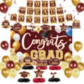 Abschlussfeier Dekoration Set mit Banner Luftballons Hintergrund und Tischdekoration. - Wirbel-Dekoration / 6 Stück/Packung (Rot Gold Abschluss 2025)