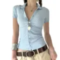 Blue and white vertical striped polo short sleeve slim t-shirt for women stylish top - S / Tops / Sky Blue