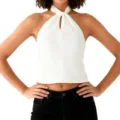 White satin halter neck sleeveless top with front twist and cutout detail for women. - S / Tops / White