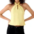 Yellow satin halter neck top, stylish sleeveless lace-up design for women's daily fashion wear. - S / Tops / Yellow
