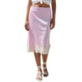 Detailed view of the pink satin midi skirt featuring an exquisite white lace hem design. - S / Pink