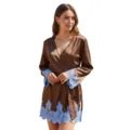 Close-up detail of women's silk sexy bathrobe featuring elegant blue lace trim on cuffs. - S / Robe / Tan