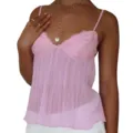 Top de tirantes de encaje rosa con lazo dulce, prenda de moda femenina de verano plisada sin mangas. - S / Rosa
