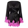 Black silk satin robe featuring vibrant pink lace trim on sleeves and hem, luxury sleepwear detail. - S / Robe / Black