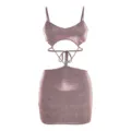 Sparkly pink crop top and mini skirt detail showing cutouts, straps, and glitter fabric. - S / Pink Purple