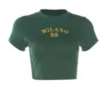 Crop top verde scuro ricamato da donna, maglietta estiva casual a maniche corte con collo rotondo. - Taglia S / Verde