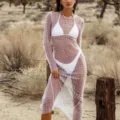 Vestido largo transparente de manga larga en malla con perlas y pedrería para mujer. - S / Blanco